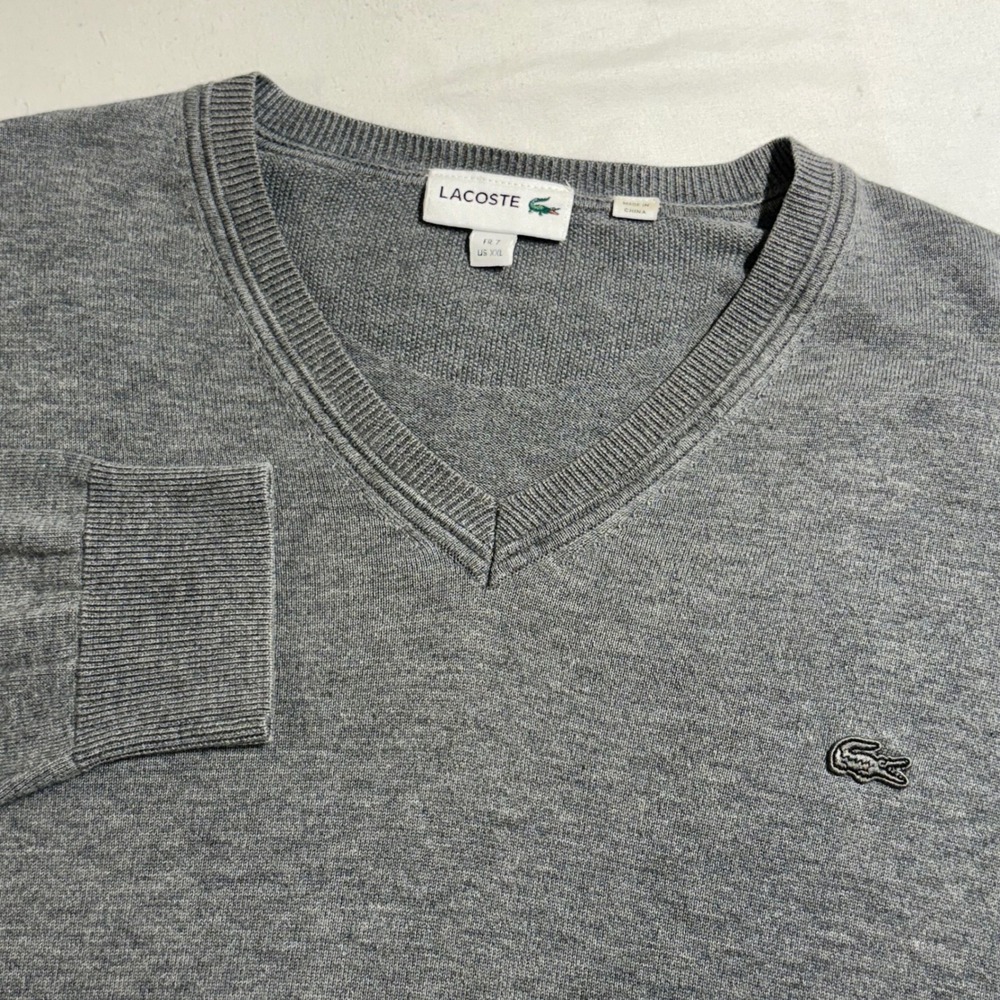 Lacoste V-Neck Sweater Mens XXL Gray Cotton Elbow Patch AH7894 Preppy Pullover